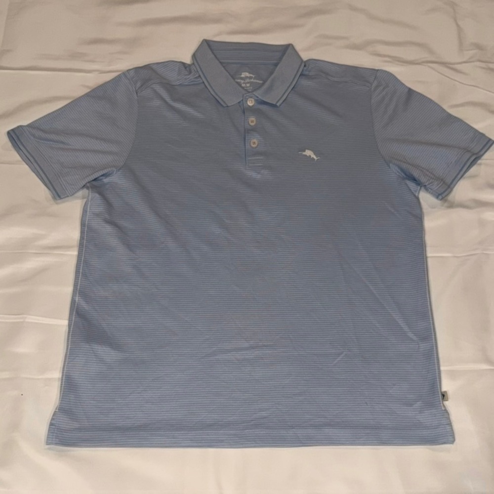 Tommy Bahama Polo Shirt Mens Medium Blue Striped Short Sleeve Marlin Logo Golf